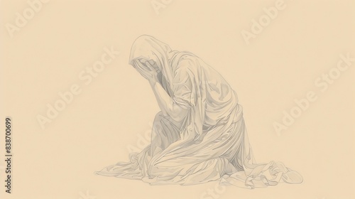 Lament and Repentance in Psalms 38: Suffering, Hope - Biblical Illustration on Beige Background with Copyspace for Faith-Based Themes