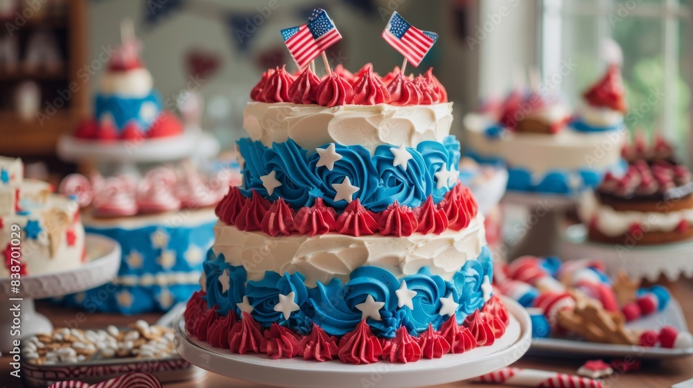 A patriotic themed cake at a Fourth of July party, decorated with red, white, and blue icing and American flag toppers A patriotic themed cake at a Fourth of July party, decorated with red, white, and blue icing and American flag toppers