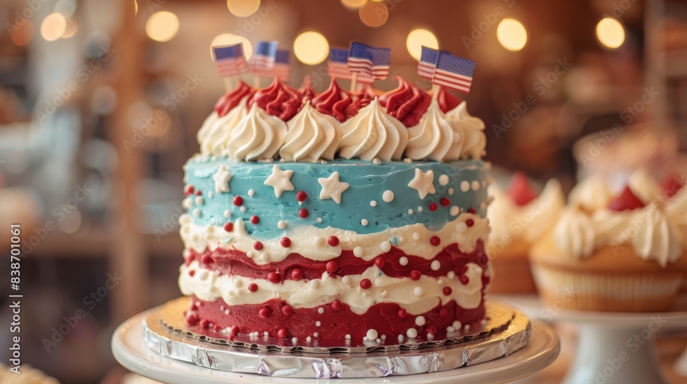 A patriotic themed cake at a Fourth of July party, decorated with red, white, and blue icing and American flag toppers A patriotic themed cake at a Fourth of July party, decorated with red, white, and blue icing and American flag toppers