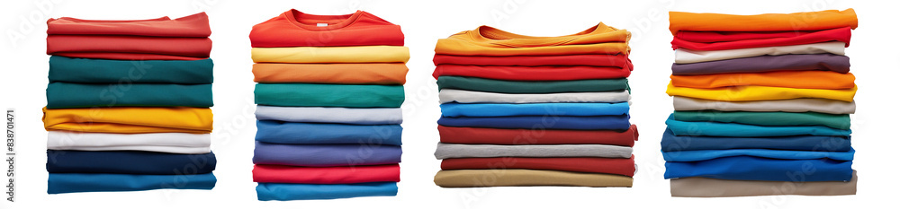 Set of stack and neatly folded t-shirts in vivid colorful colours on a transparent background. Isolated mockup of clothes in front view. Set of stack and neatly folded t-shirts in vivid colorful colours on a transparent background. Isolated mockup of clothes in front view.