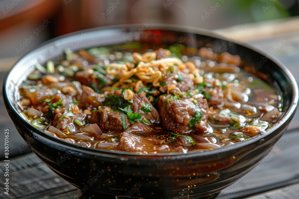 Thai Boat Noodles, dark broth with meat and rice noodles, street food style, traditional thai food style. Food and cuisine concept for poster or menu restaurant, Banner website, Ads. Generative AI Thai Boat Noodles, dark broth with meat and rice noodles, street food style, traditional thai food style. Food and cuisine concept for poster or menu restaurant, Banner website, Ads. Generative AI