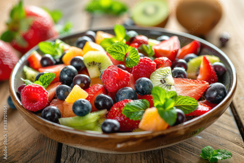 Fresh fruit healthy salad on a wooden table, morning light, focus on texture and vibrant colors. Clean eating and healthy food concept for poster or menu restaurant, Banner, Ads. Generative AI Fresh fruit healthy salad on a wooden table, morning light, focus on texture and vibrant colors. Clean eating and healthy food concept for poster or menu restaurant, Banner, Ads. Generative AI