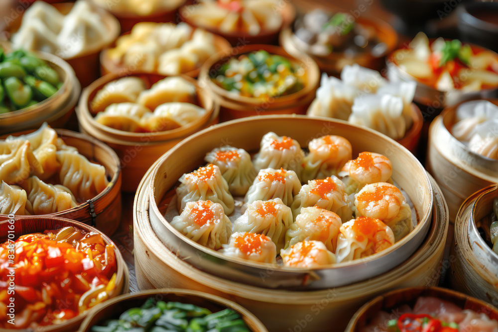 Close-up of a Chinese dim sum selection with meat in a bamboo steamer, intricate details of dumplings, traditional food style. Food and cuisine concept for poster or menu restaurant, Ads Close-up of a Chinese dim sum selection with meat in a bamboo steamer, intricate details of dumplings, traditional food style. Food and cuisine concept for poster or menu restaurant, Ads
