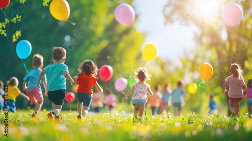 Children enjoying a sunny day playing in the park and meadow with balloons and smiles photo