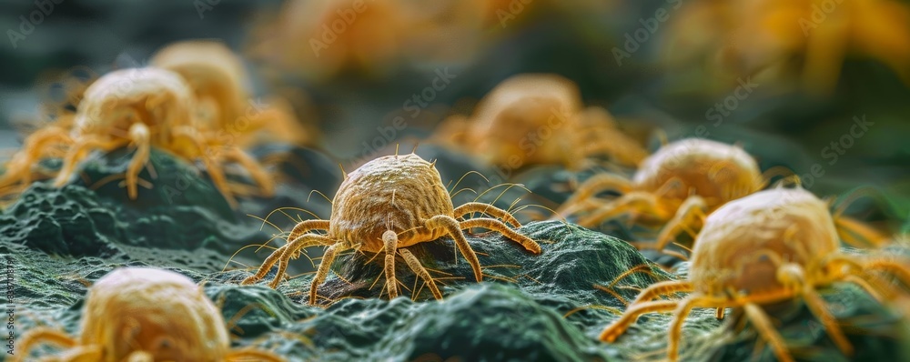 Obraz premium Highresolution photo of microscopic dust mites on a household surface, showing details and textures