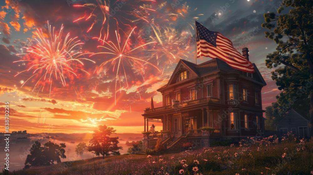 Obraz premium An American flag displayed on a historic house, with fireworks illuminating the night sky