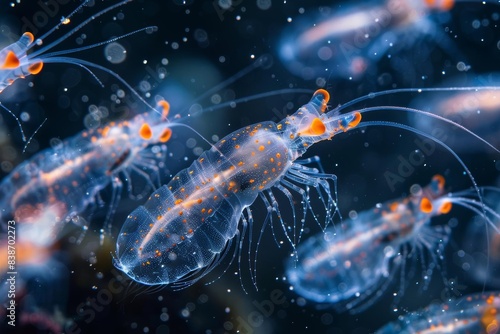 Highresolution photo of tiny marine invertebrates, such as copepods, in their natural environment