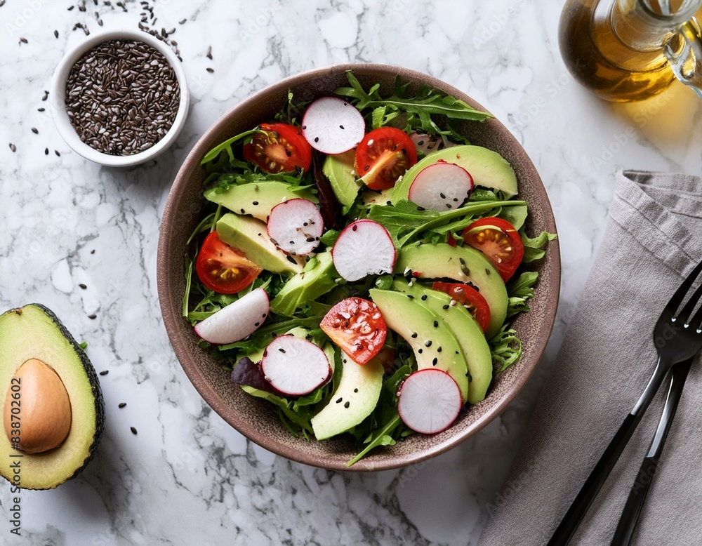 Top view of fresh salad with fresh vegetables - tomatoes, arugula, avocado, radish and seeds in a round bowl. Plate on marble table with copy space. Top view of fresh salad with fresh vegetables - tomatoes, arugula, avocado, radish and seeds in a round bowl. Plate on marble table with copy space.