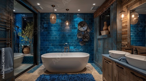 A luxurious master bathroom with deep blue tiles  a freestanding bathtub  and elegant lighting