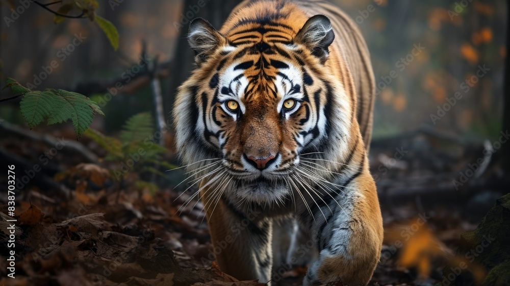 Obraz premium Photograph of a powerful Siberian tiger emerging from a misty forest, its eyes gleaming with intensity. 