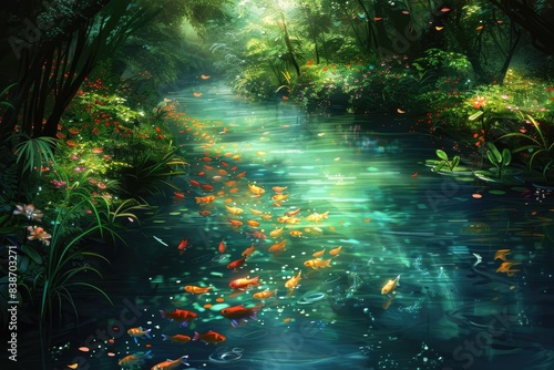 A magical river winding through a lush jungle  where fairy fish with jewel-toned scales dart among the vibrant foliage  leaving trails of sparkling magic in their wake.