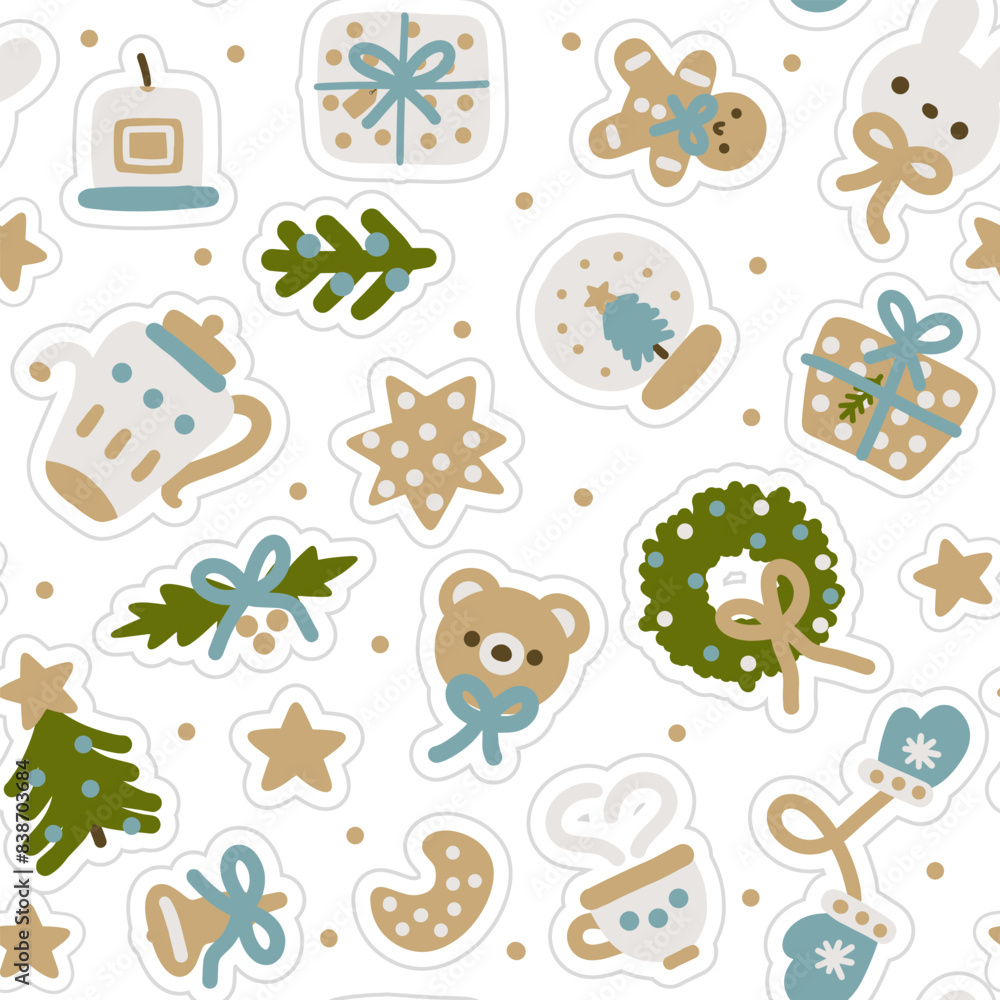 Fototapeta premium Christmas golden and blue seamless pattern with pine trees and bunny, teddy bears