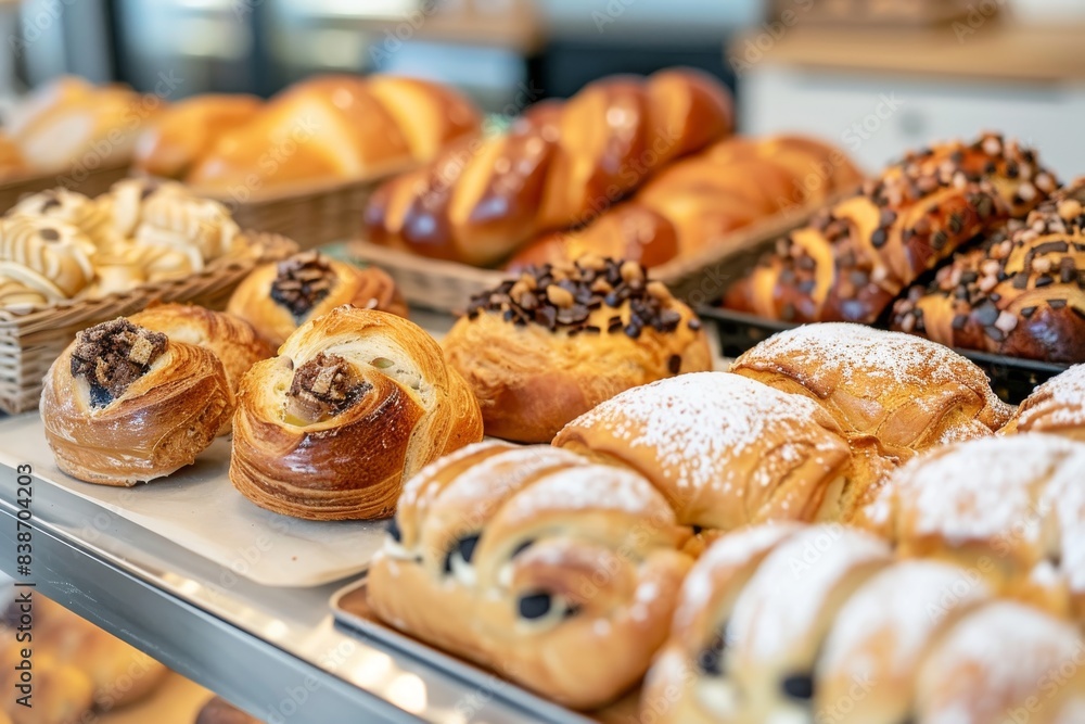 A close-up of a bakery case with an assortment of fresh bread and pastries A close-up of a bakery case with an assortment of fresh bread and pastries