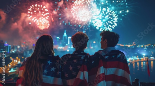A group of friends wrapped in American flags, watching a 4th of July fireworks show