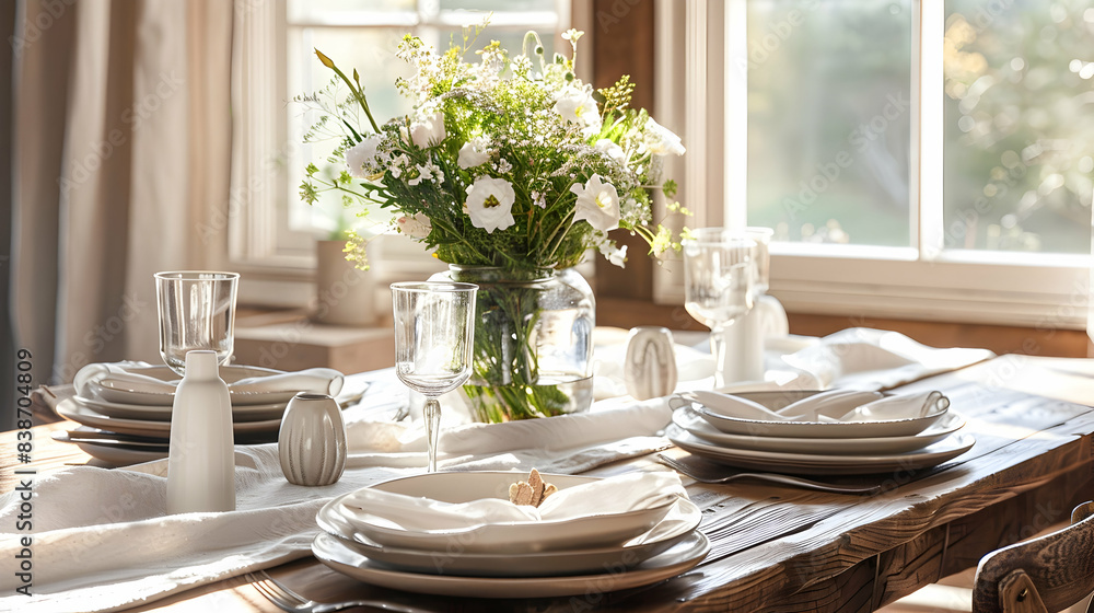 A rustic dining table set for a meal with simple, elegant tableware, fresh flowers in a vase, and muted sunlight filtering through a nearby window A rustic dining table set for a meal with simple, elegant tableware, fresh flowers in a vase, and muted sunlight filtering through a nearby window