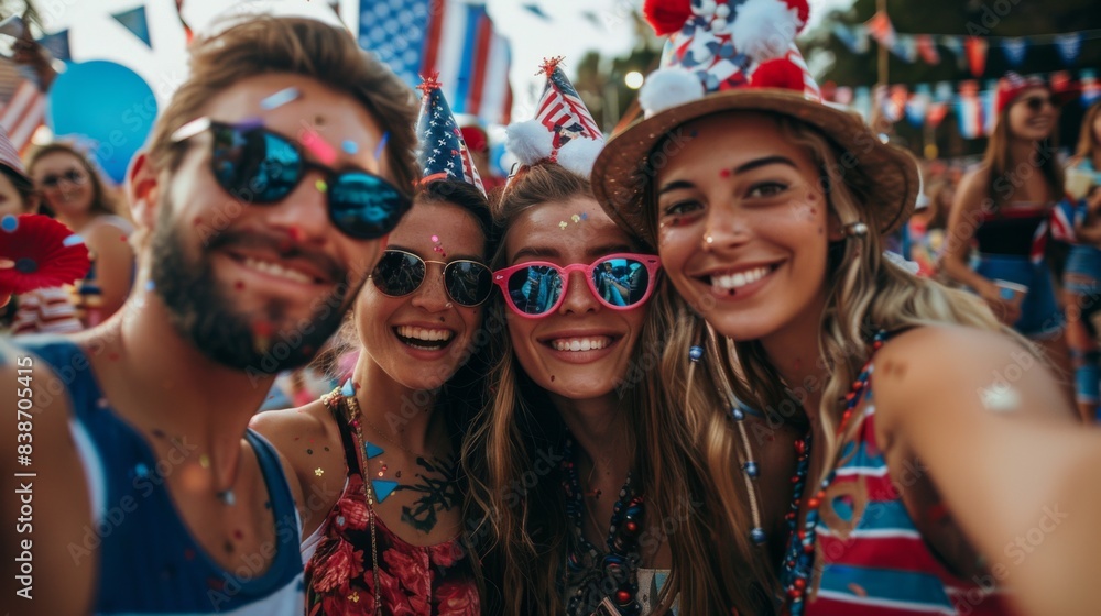 A group of friends taking a selfie at a Fourth of July party, with festive backgrounds and decorations A group of friends taking a selfie at a Fourth of July party, with festive backgrounds and decorations