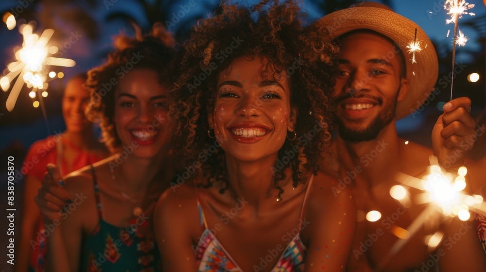 A group of people are smiling and holding sparklers, creating a festive atmosphere. Concept of joy and celebration, as the group of friends are enjoying a fun and lively moment together A group of people are smiling and holding sparklers, creating a festive atmosphere. Concept of joy and celebration, as the group of friends are enjoying a fun and lively moment together