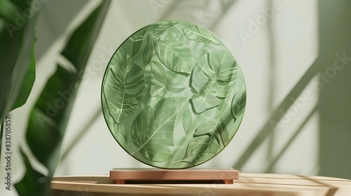 Fototapeta Naklejka Na Ścianę i Meble -  Green Finance Award   Eco Friendly Trophy with Leaf Patterns and Sustainable Themes