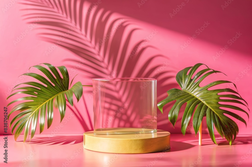 Modern Transparent Podium with Tropical Leaves on Pink Background for Product Display, Minimalist Design, Perfect for Cosmetics, Jewelry, and Small Items, Ideal for Advertising and Marketing Modern Transparent Podium with Tropical Leaves on Pink Background for Product Display, Minimalist Design, Perfect for Cosmetics, Jewelry, and Small Items, Ideal for Advertising and Marketing