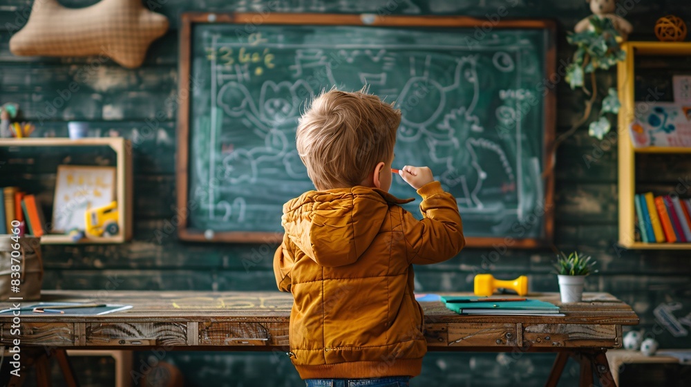 A child drawing on a chalkboard in a home classroom setup A child drawing on a chalkboard in a home classroom setup