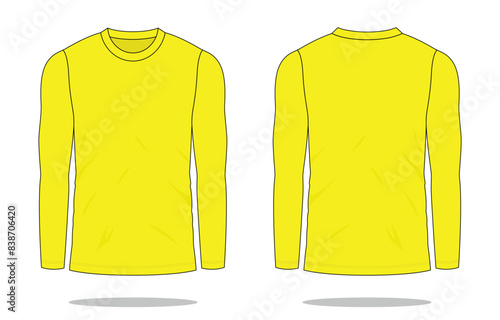 Blank Yellow Long Sleeve T-Shirt Template on White Background. Front and Back Views, Vector File.
