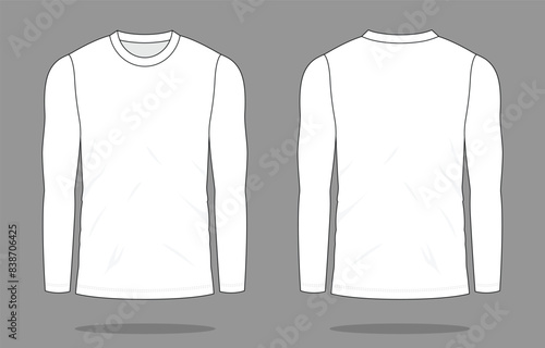 Blank White Long Sleeve T-Shirt Template on Gray Background. Front and Back Views, Vector File.