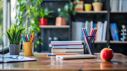 A homeschooling desk with books, pencils, and a laptop photo