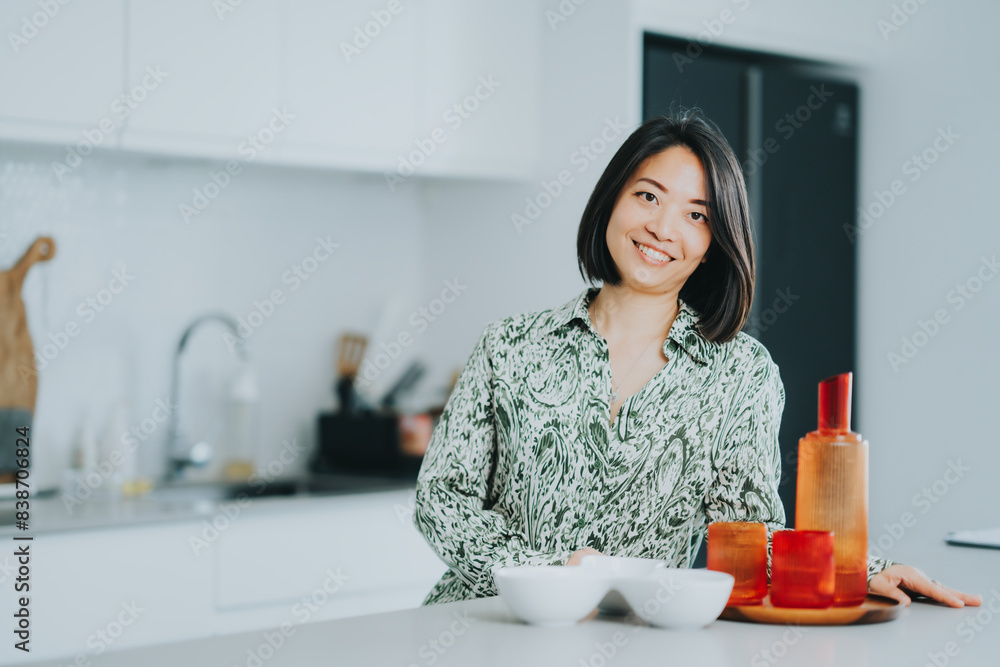 Young beautiful modern asian woman smile happily and stands near table on kitchen at home. Young beautiful modern asian woman smile happily and stands near table on kitchen at home.