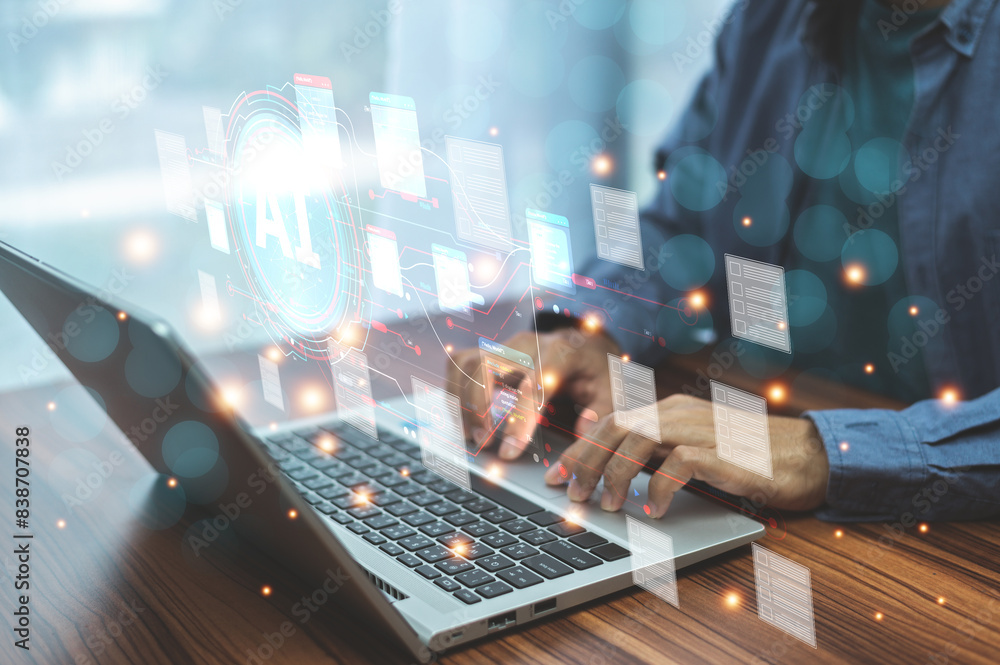 A forward-thinking businessman utilizes AI for document management, streamlining operations, enhancing accuracy, and boosting productivity through automated workflows and intelligent data processing.