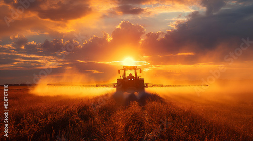 Tractor spraying pesticides in a field during sunset.