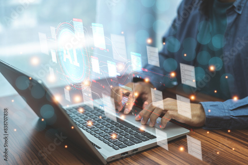 Obraz na płótnie A forward-thinking businessman utilizes AI for document management, streamlining operations, enhancing accuracy, and boosting productivity through automated workflows and intelligent data processing. w salonie