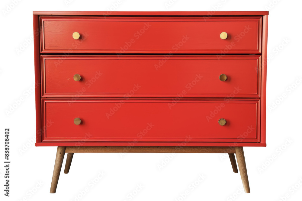 A red dresser with three drawers and brass handles A red dresser with three drawers and brass handles