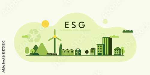 ESG concept, Environmental, Social and Governance. Green eco landscape background. Flat minimal style. Vector Illustration.