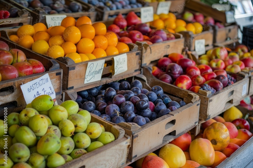 A vibrant fruit stand with an array of fresh, colorful fruits displayed A vibrant fruit stand with an array of fresh, colorful fruits displayed