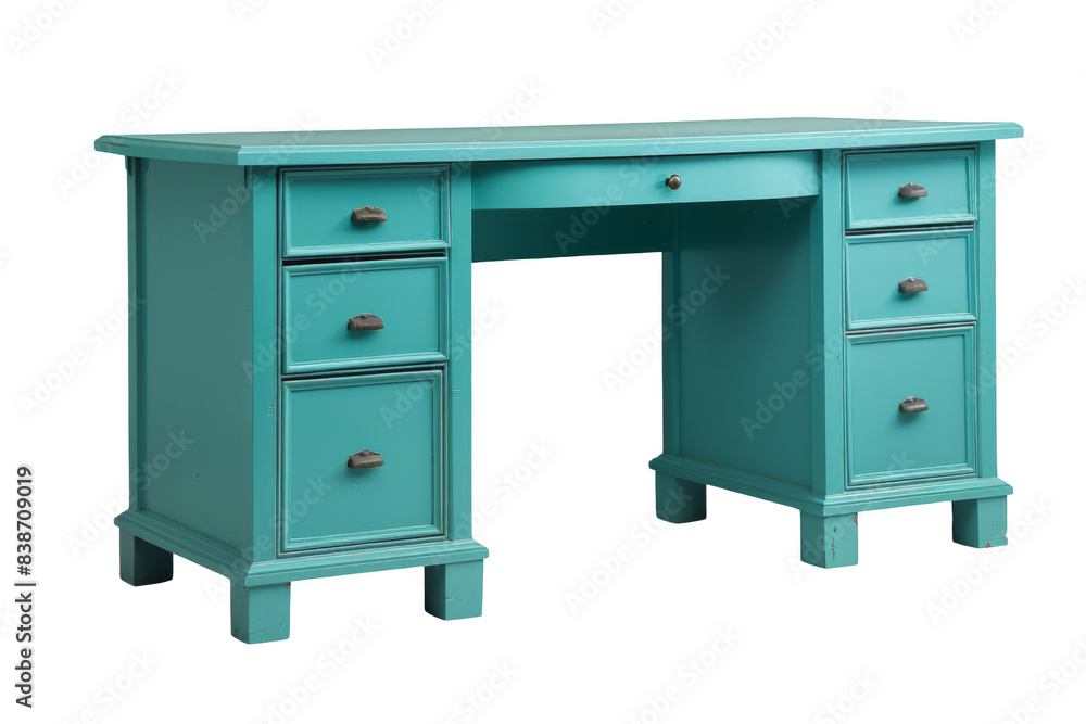 A blue desk with a black handle on the top A blue desk with a black handle on the top