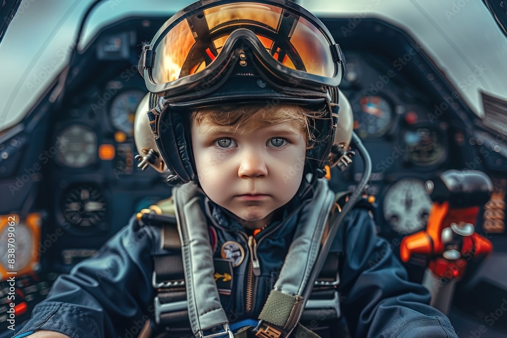Kid as a pilot wearing a uniform and aviator glasses in a colorful airplane cockpit Kid as a pilot wearing a uniform and aviator glasses in a colorful airplane cockpit