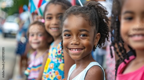 A family watching a Fourth of July parade from the sidewalk, with children waving flags and smiling