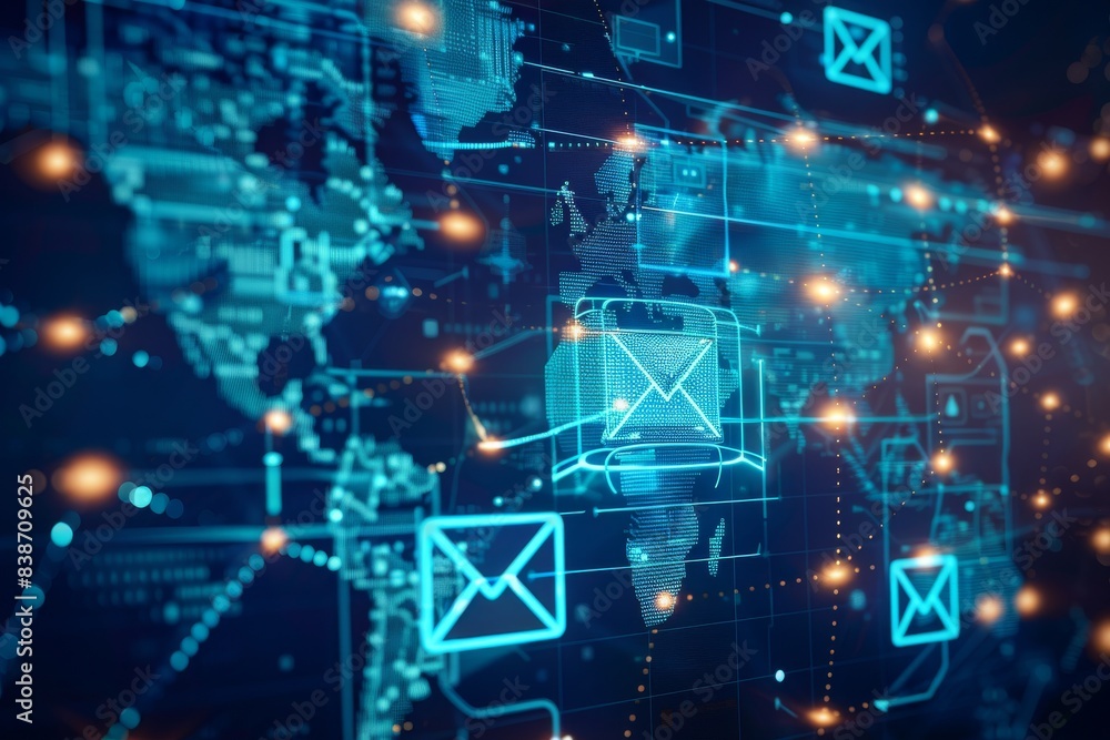 An encrypted email icon overlay on a world map, representing global secure communication An encrypted email icon overlay on a world map, representing global secure communication