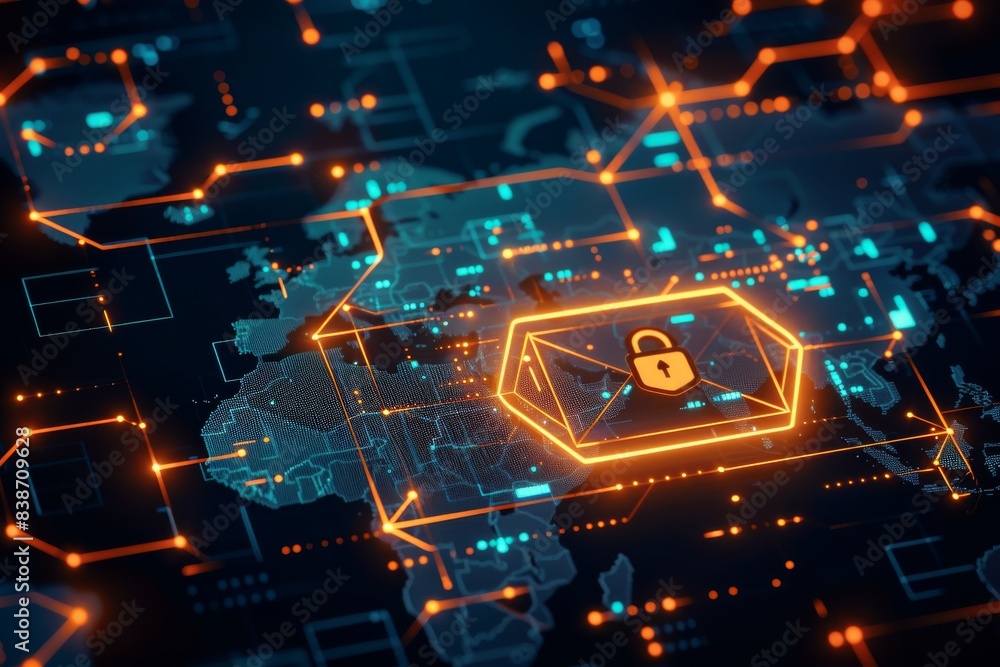 An encrypted email icon overlay on a world map, representing global secure communication An encrypted email icon overlay on a world map, representing global secure communication