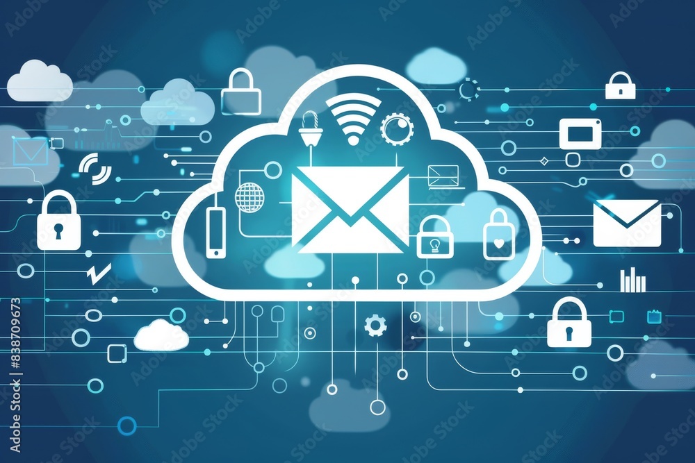 An illustration of a cloud with encrypted email symbols and security icons surrounding it An illustration of a cloud with encrypted email symbols and security icons surrounding it