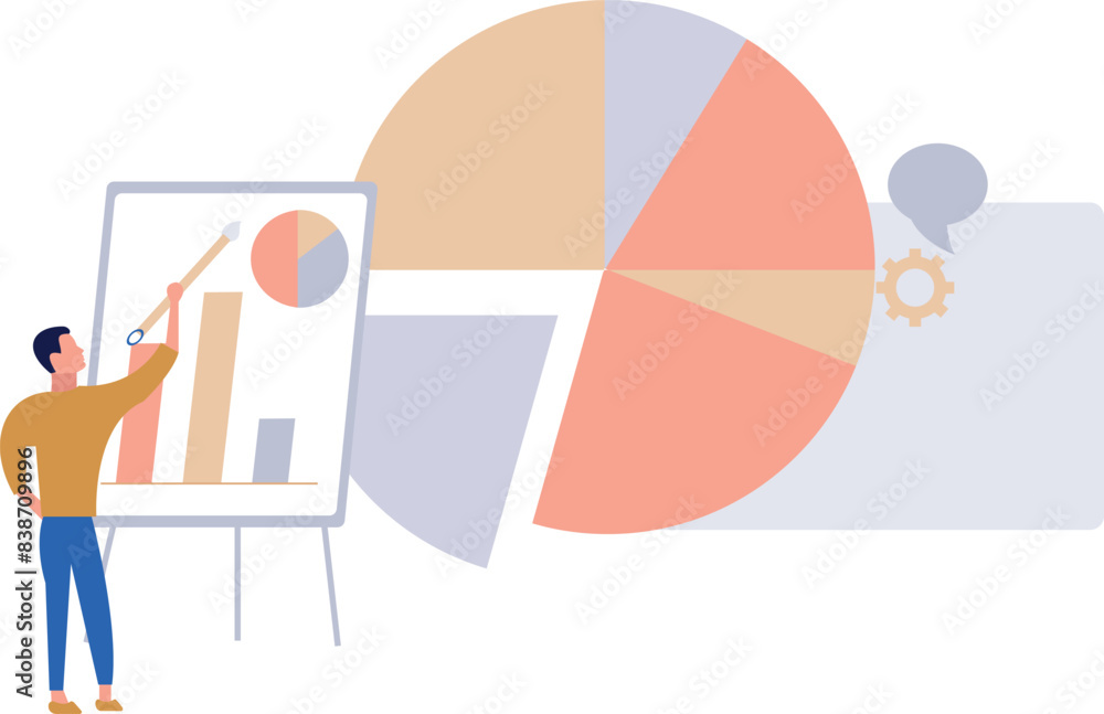 Boy pointing at presentation pie graph. Boy pointing at presentation pie graph.