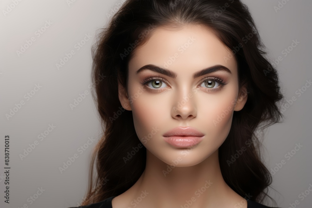 Fototapeta premium A gorgeous European model woman, striking caucasian model displays her expertly applied cosmetic makeup in close-up shot against a pastel earthtone backdrop.