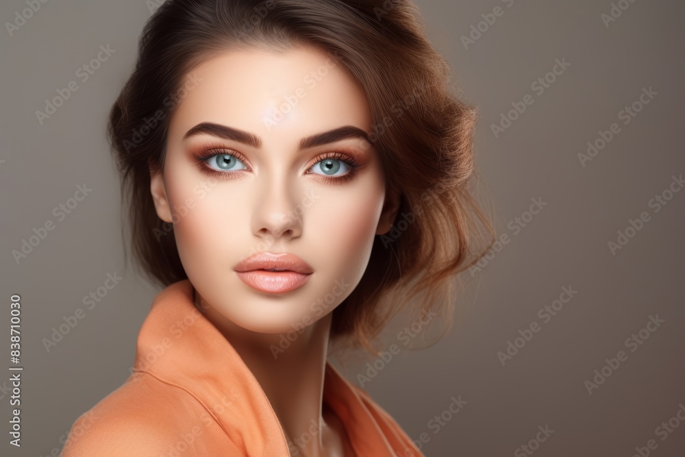 A gorgeous European model woman, striking caucasian model displays her expertly applied cosmetic makeup in close-up shot against a pastel earthtone backdrop. A gorgeous European model woman, striking caucasian model displays her expertly applied cosmetic makeup in close-up shot against a pastel earthtone backdrop.