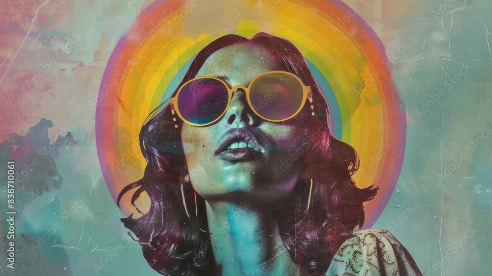 Retro rainbow collage. Woman in sunglasses, psychedelic style with 70s colors. Concentric rainbow circles in background. Mixed media. Retro rainbow collage. Woman in sunglasses, psychedelic style with 70s colors. Concentric rainbow circles in background. Mixed media.
