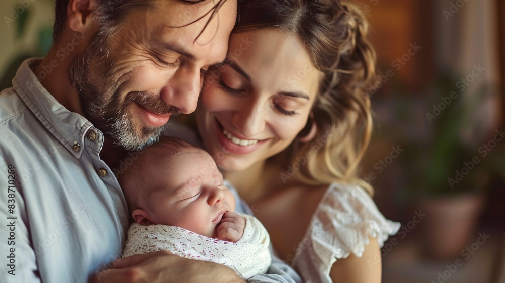 A joyful father holding the newborn baby while the mother hugs them both A joyful father holding the newborn baby while the mother hugs them both