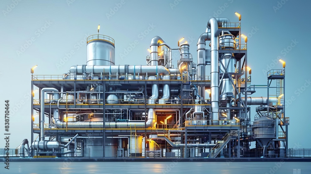 Solvent recovery plant, 3D rendering, high realism, precise detailing, metallic finishes Solvent recovery plant, 3D rendering, high realism, precise detailing, metallic finishes