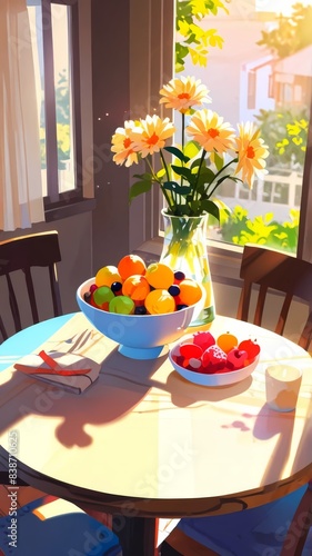 Wallpaper Mural Breakfast table sunlight fruits Anime style illustration, flat anime illustration, vector art, anime background Torontodigital.ca