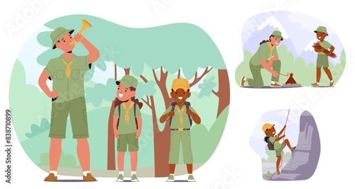 Scout Leader With Kids Participating In Outdoor Activities. Children Learning To Make A Fire, Hiking And Rock Climbing