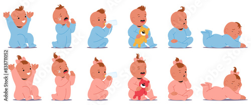 Set Of Baby Expressions And Actions. From Joyful Laughter To Tears, And Engaging In Activities Like Drinking From Bottle