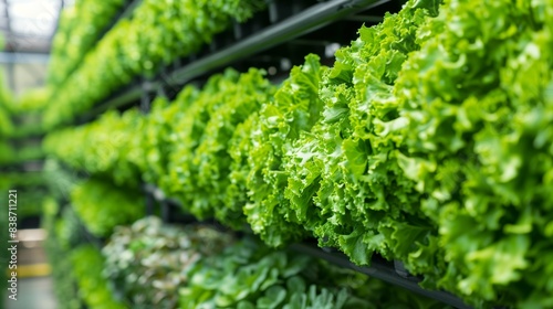 Rows of lush  green vegetables thriving in a vertical farm facility  bathed in warm sunlight. 